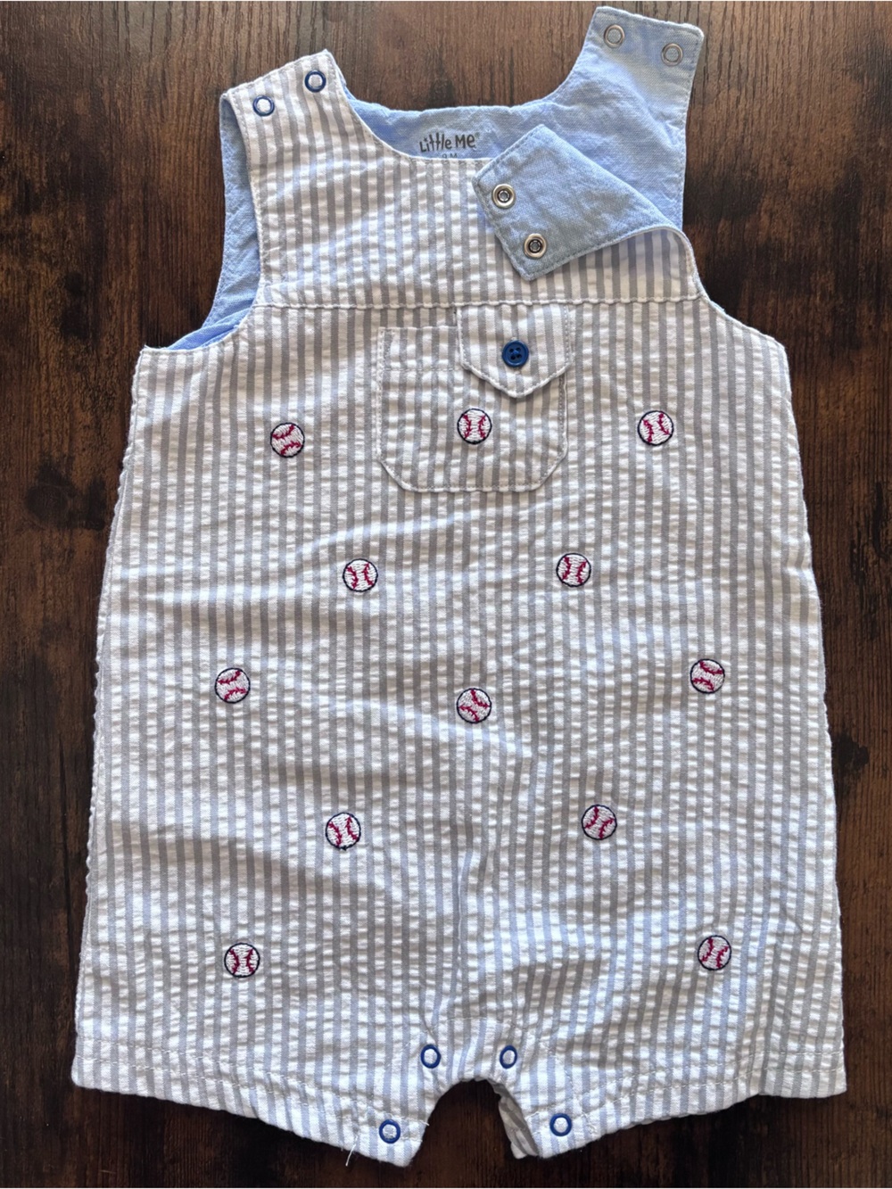 Little Me Boys' Baseball Seersucker Sunsuit- White & Light Blue